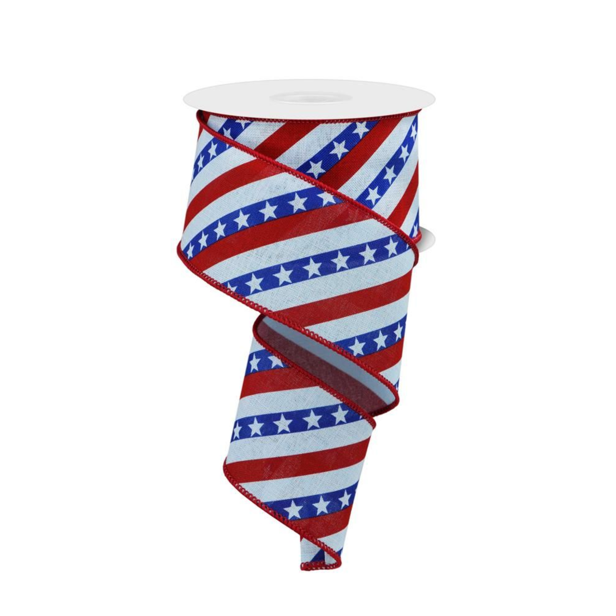 Diagonal Stripes with Pale Blue Stars Patriotic Wired Ribbon 2.5" x 10 Yards, Summer 4th of July Military Wreath Ribbon, Craft Supplies