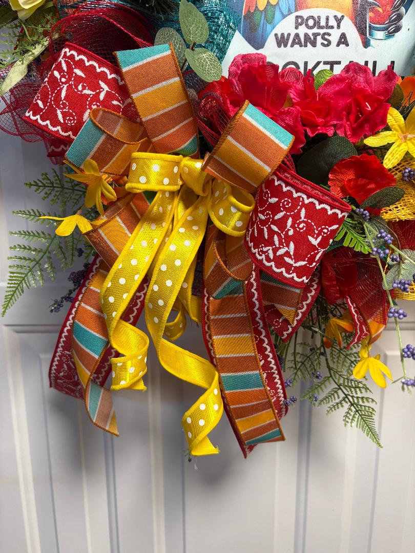 Tropical Parrot Paradise Party Wreath Door Decoration - 36 X 26 Inches – One-of-a-Kind Summer Décor, Pool Tiki Decor