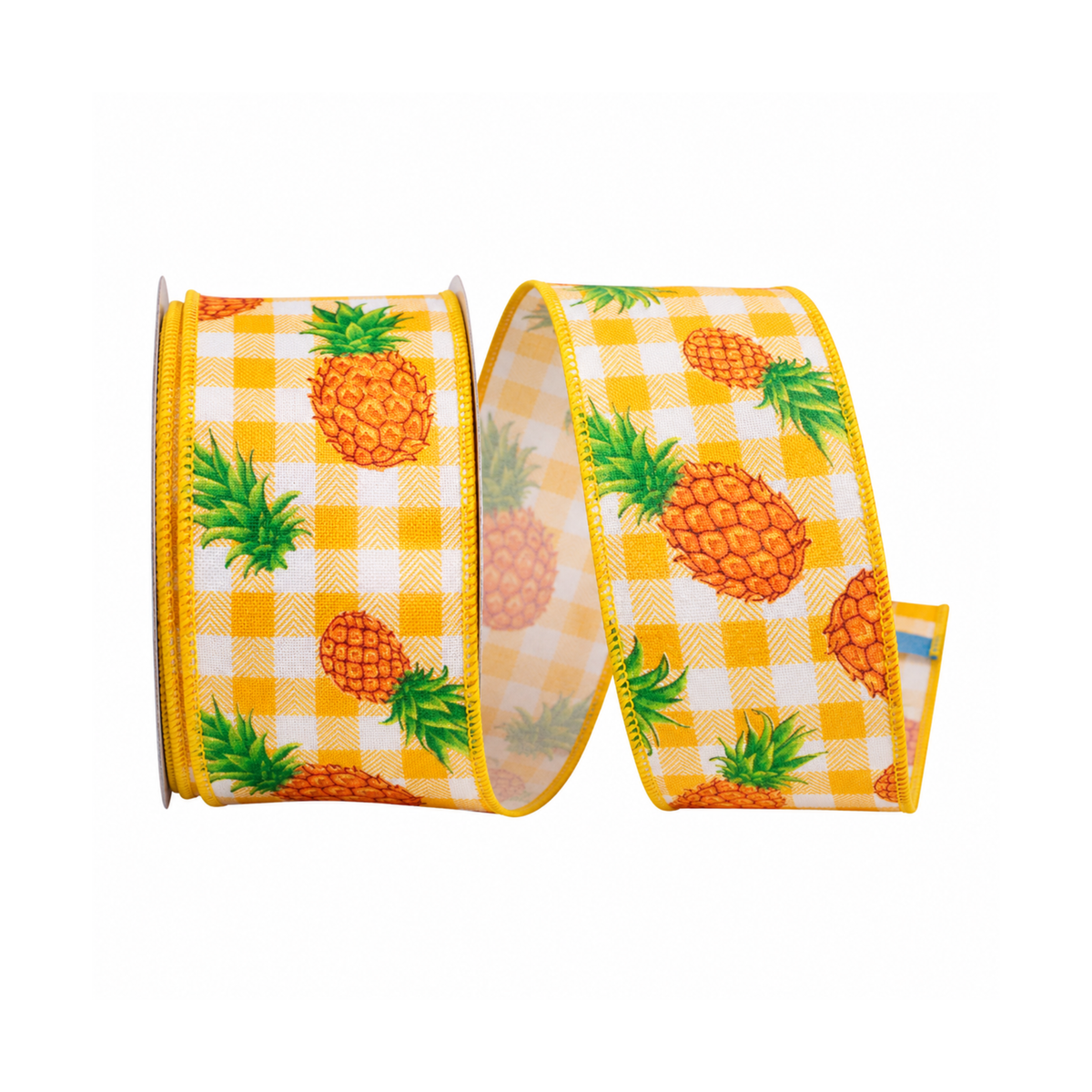Pineapple on Sunshine Gingham Wired Ribbon by Reliant – 2.5" x 10 Yards, Wreath Ribbon