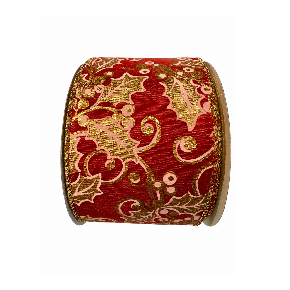 Red Gold Pink Holly Wired Ribbon – 2.5" x 10 Yards, Wreath Ribbon