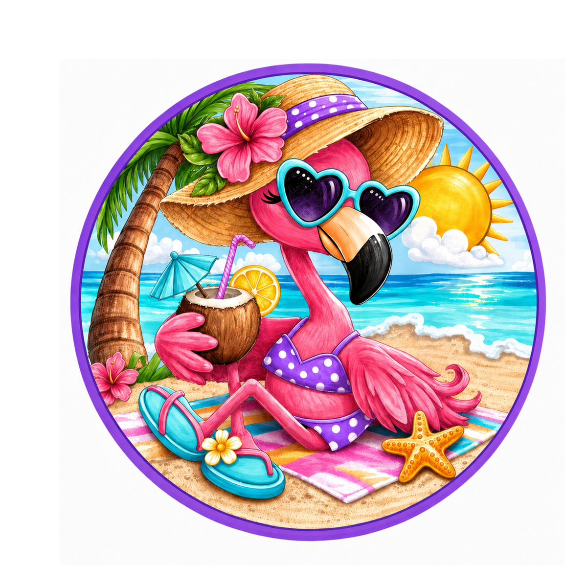10" Purple Beach Flamingo Wreath Sign, Metal Wreath Sign, Home Decor, Summer Sign