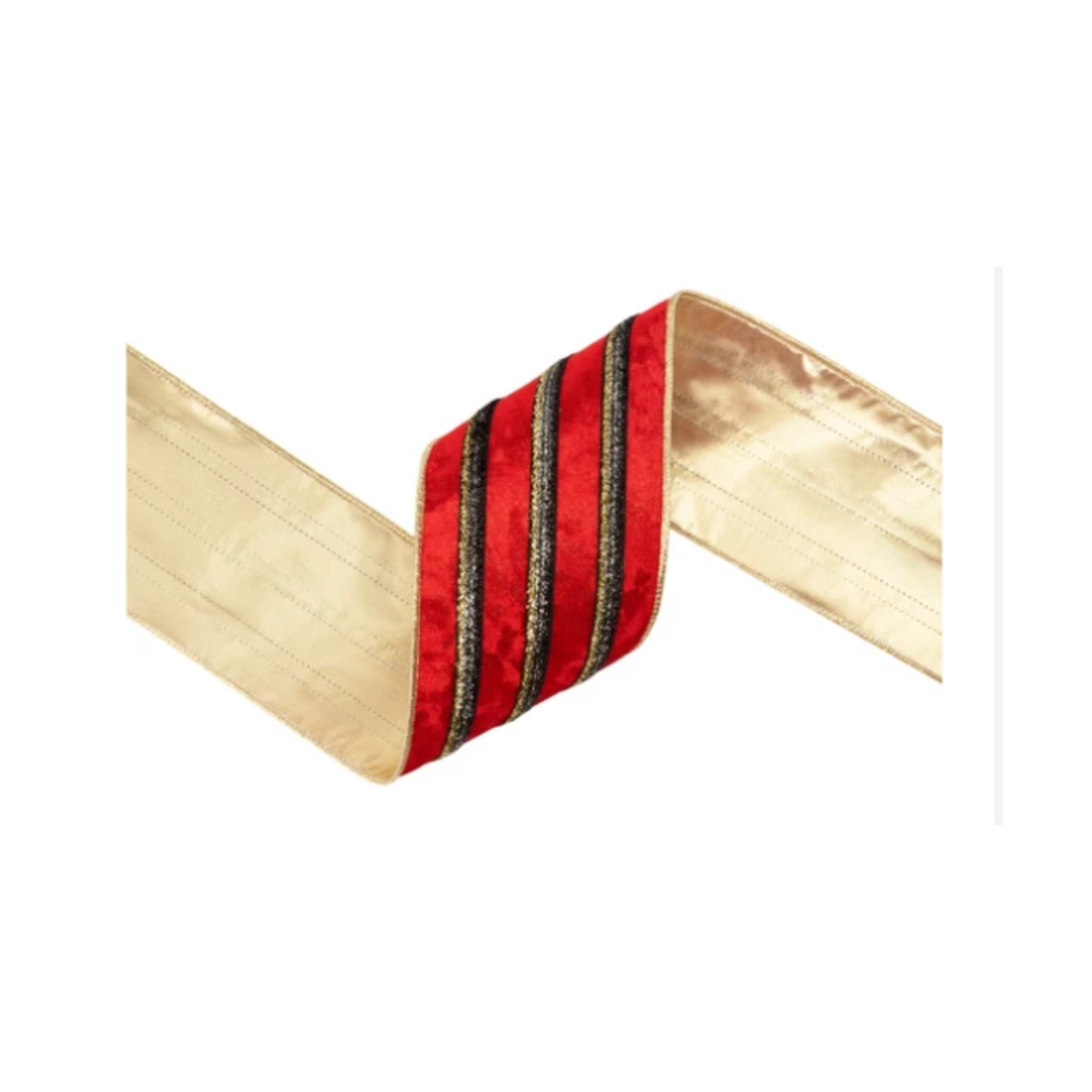 4" Wired Velvet Ribbon | Red w/ Black/Gold Metallic Trim w/ Gold Backing| 10 Yard Roll