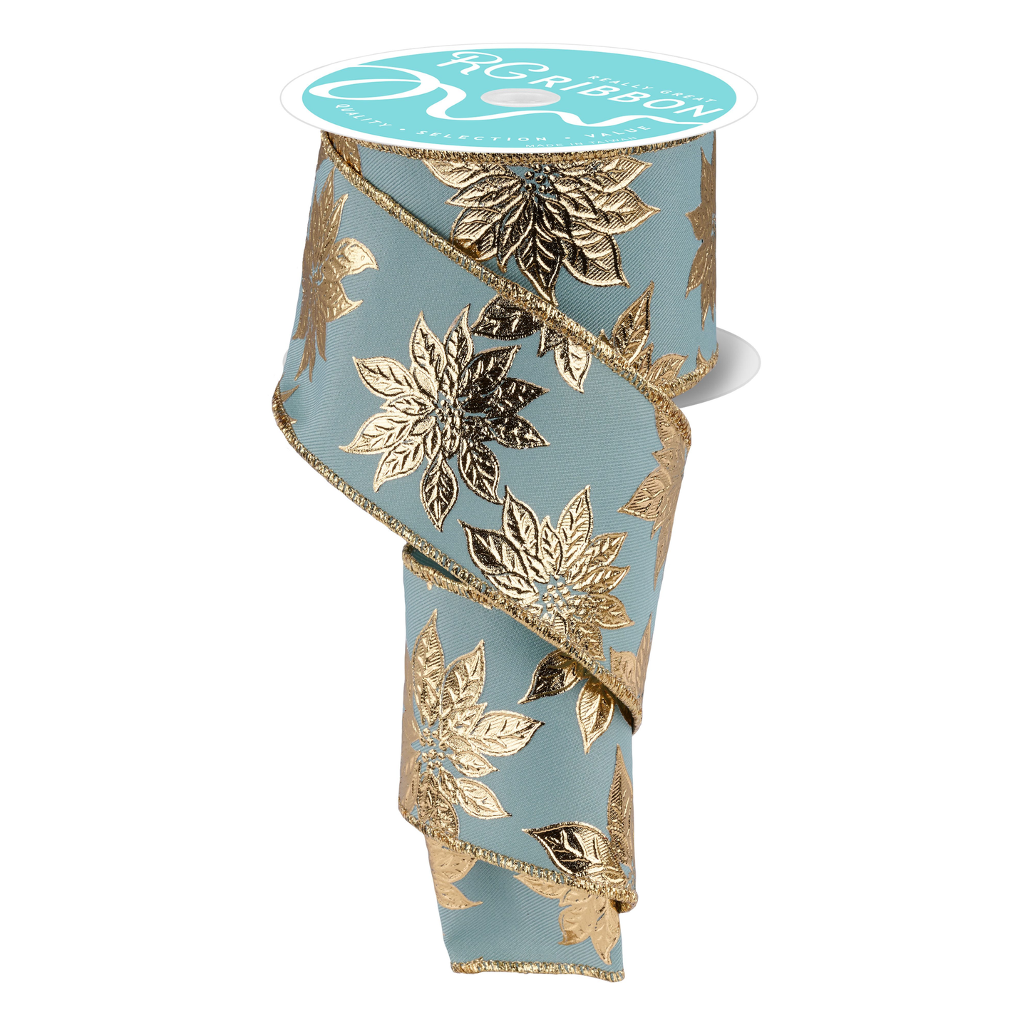 Metallic Poinsettia Sage Green Gold Wired Ribbon by RG Ribbon – 2.5" x 10 Yards, Wreath Ribbon, Craft Supplies, The Ritzy Cactus