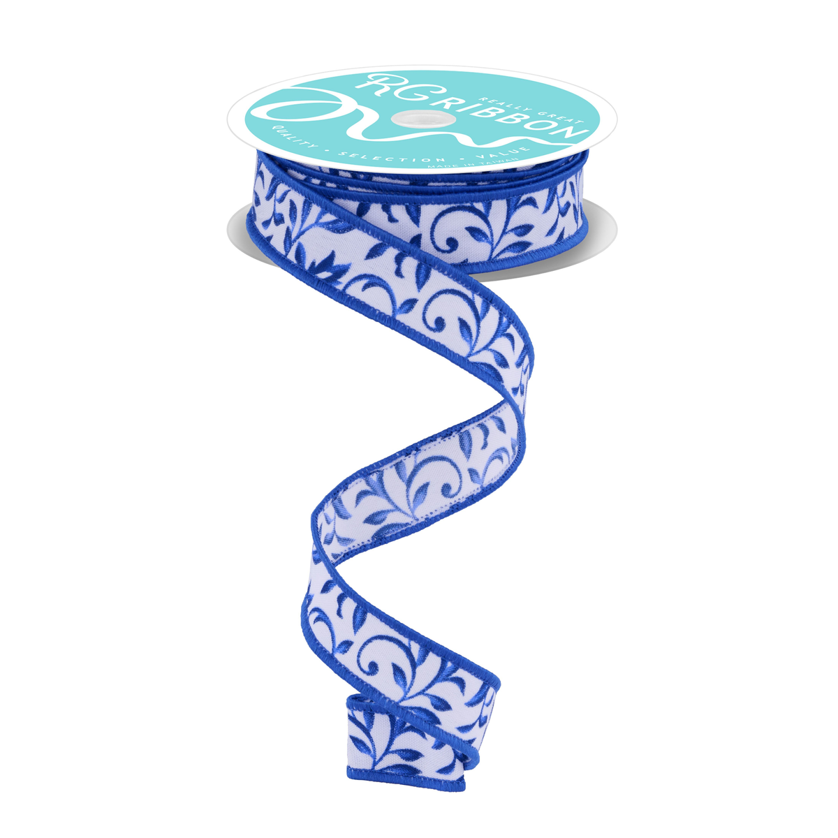 Tonal Leaves White Blue Navy Wired Ribbon – 7/8" x 10 Yards, Wreath Ribbon, Craft Supplies