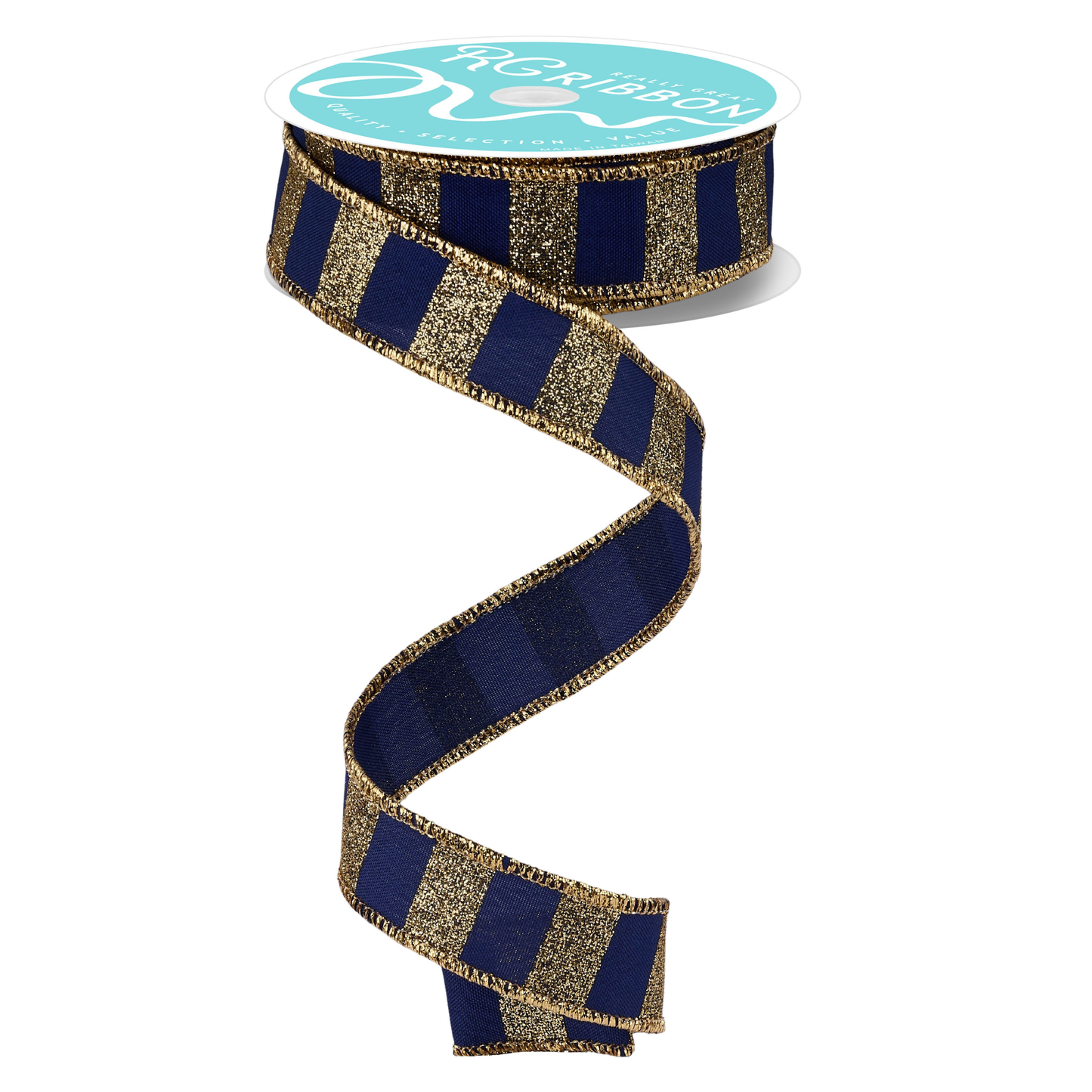 Horizontal Glitter Stripe Navy Gold Wired Ribbon by LS Ribbon – 7/8" x 10 Yards, Wreath Ribbon, Craft Supplies