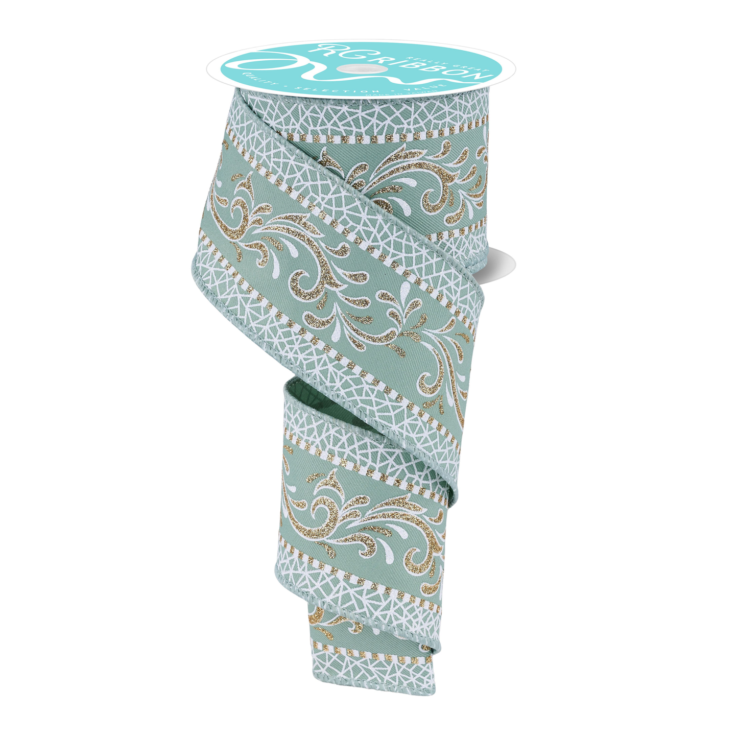 Multi Swirls Sage Green White Gold Wired Ribbon by RG Ribbon – 2.5" x 10 Yards, Wreath Ribbon