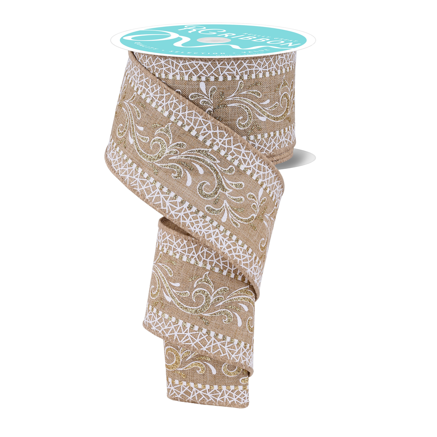 Multi Swirls Beige White Gold Wired Ribbon by RG Ribbon – 2.5" x 10 Yards, Wreath Ribbon