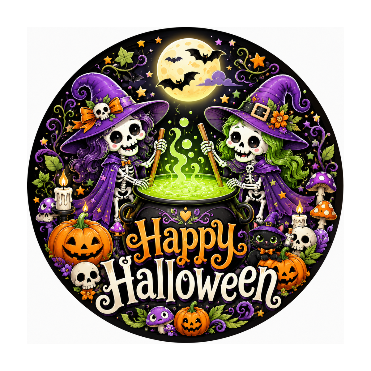 10" Witch Skeleton Halloween Sign, Metal Wreath Sign, Halloween Sign Home Decor