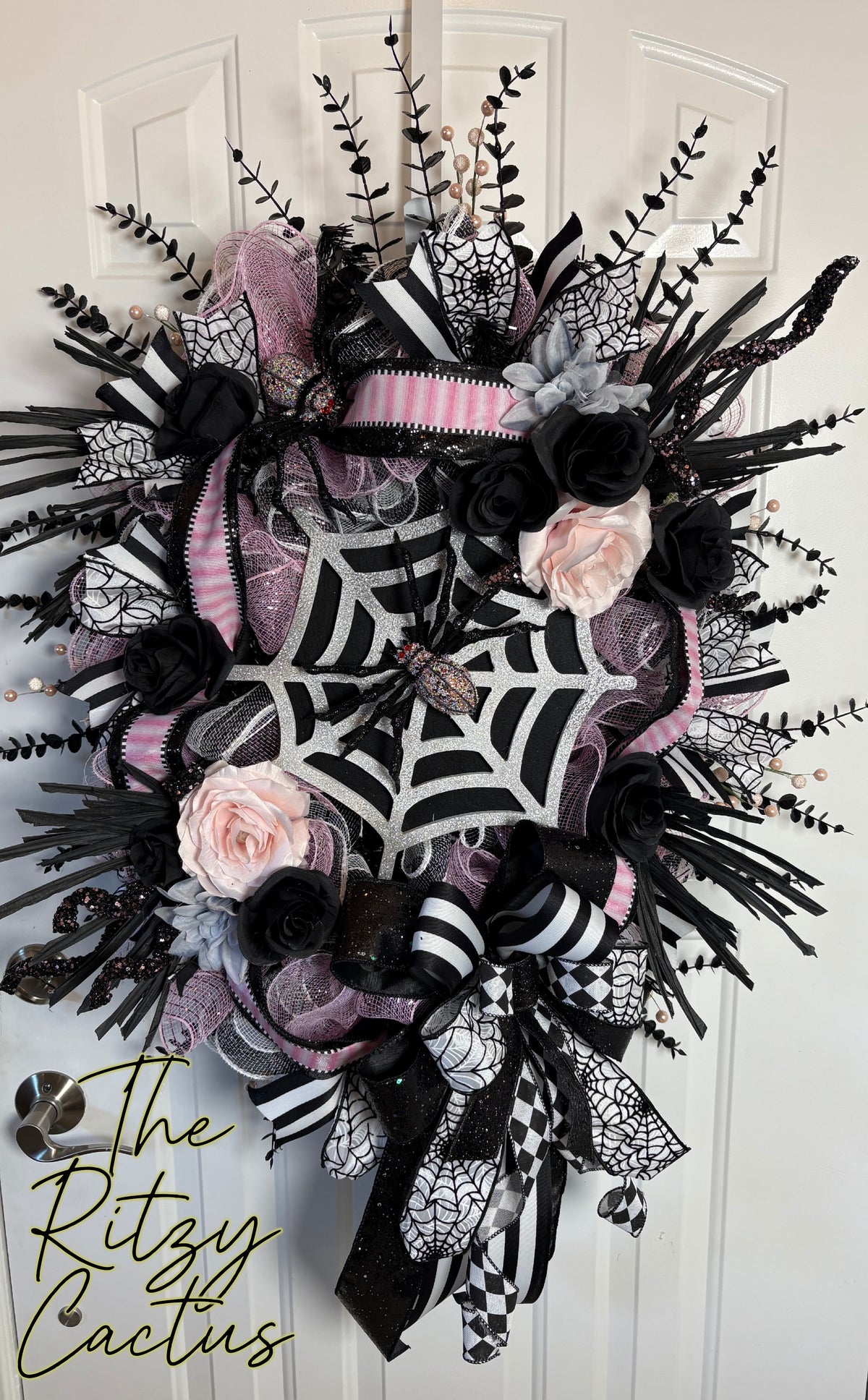 Spider Glam Halloween Wreath Door Decoration 43" x 24"Inches – One-of-a-Kind Halloween Décor, Chic Pink and Black Halloween Decor