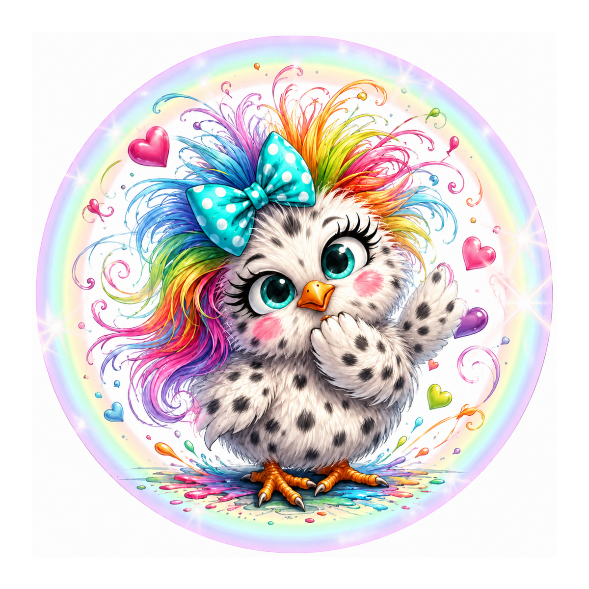 10" Wild Spotted Rainbow Chicken Sign, Metal Wreath Sign, Home Decor