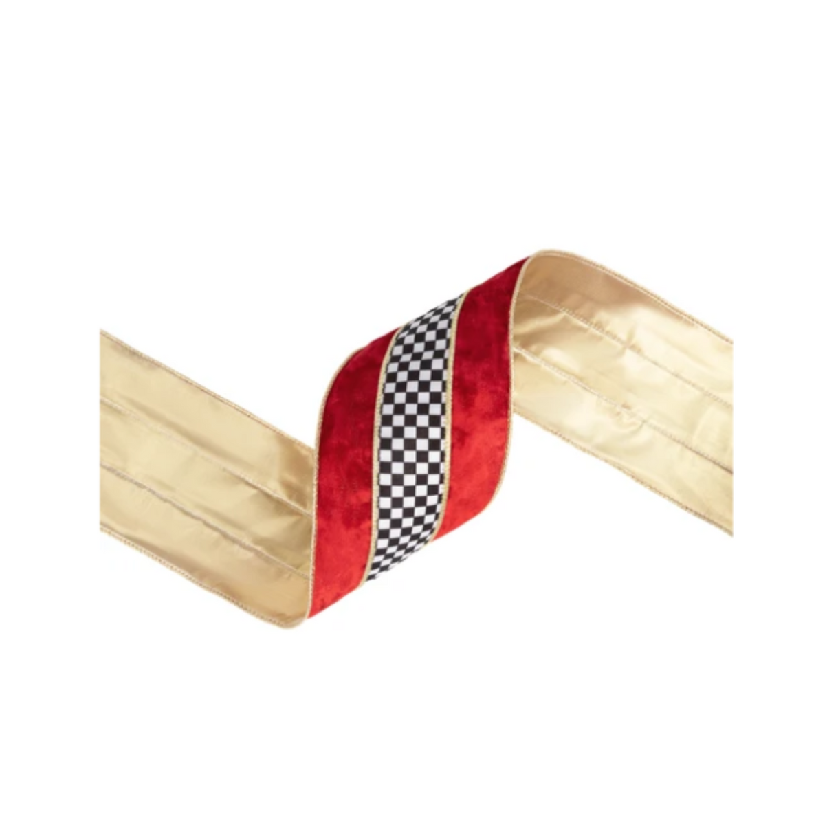 4" Wired Velvet Ribbon | Black/White Check w/ Red Banded Velvet w/ Gold Backing | 10 Yard Roll
