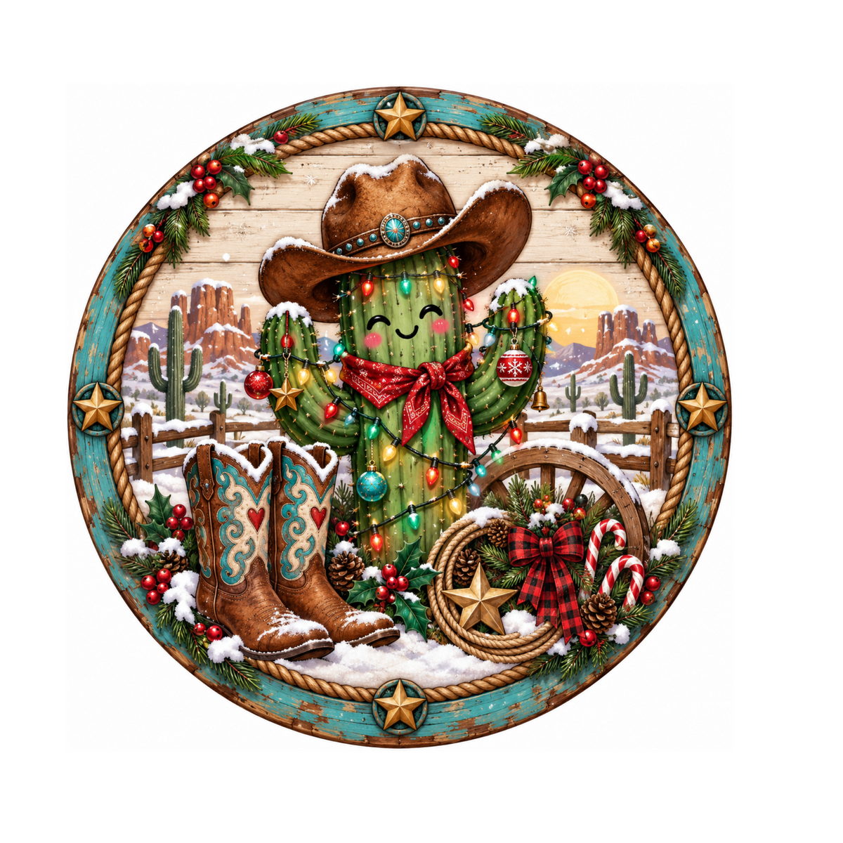 10" Western Southwest Christmas Sign, Metal Wreath Sign, Christmas Wreath Sign