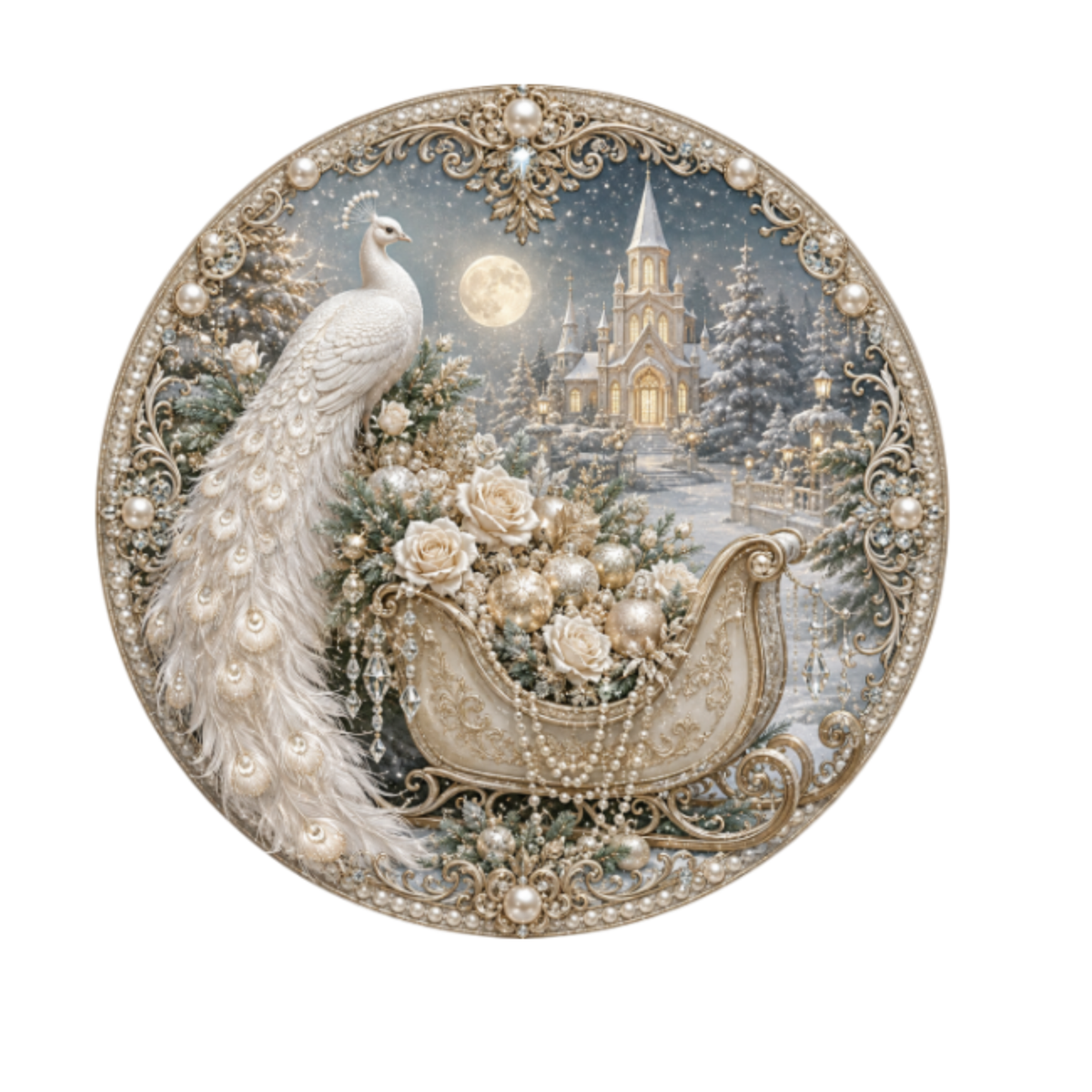 10" Fancy White Peacock Christmas Sign, Metal Wreath Sign, Home Decor