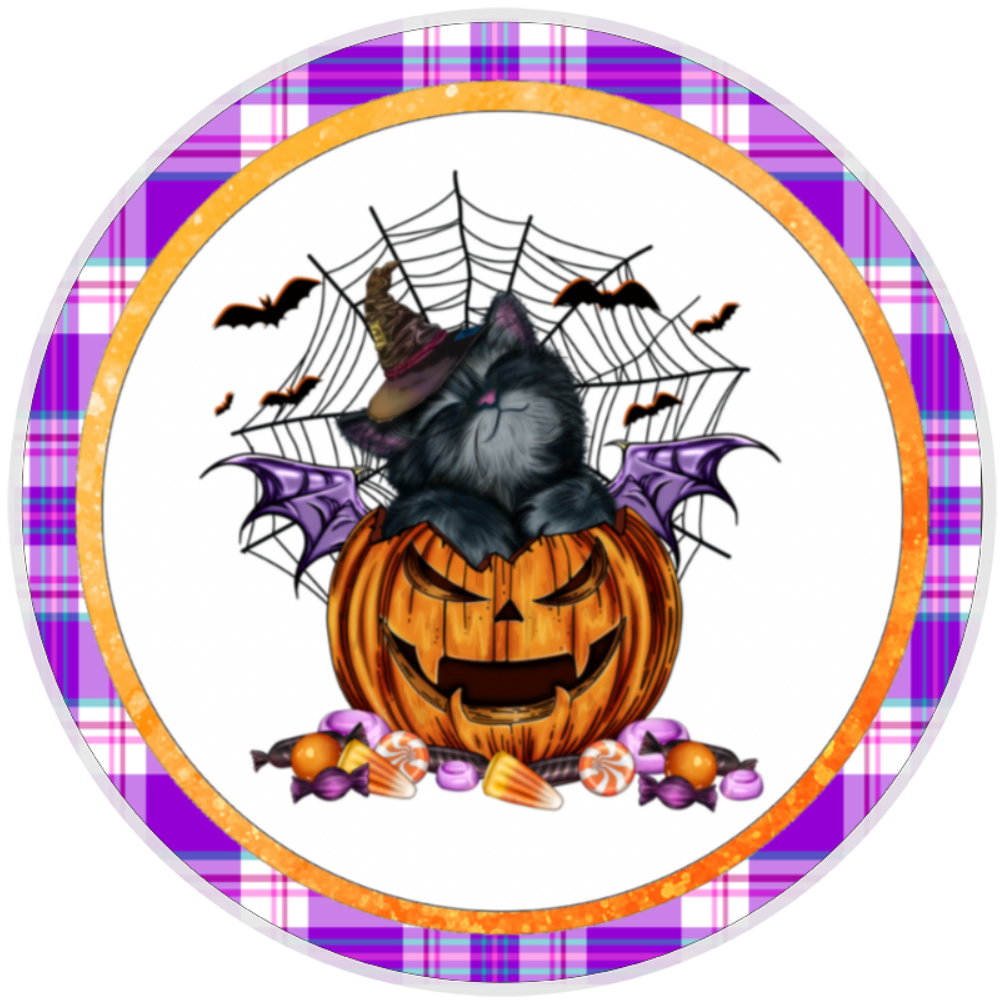 10” Halloween Cat On Pumpkin Wreath Sign, Home Decor, Aluminum, The Ritzy Cactus