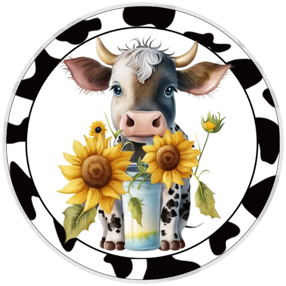 10” Cow Country Sunflower Wreath Sign, Home Decor, Aluminum, The Ritzy Cactus