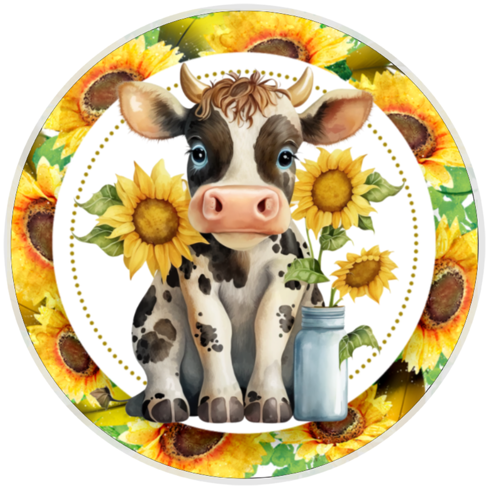 10” Country Cow Sunflower Wreath Sign, Home Decor, Aluminum, The Ritzy Cactus