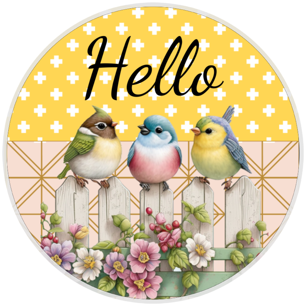 10” Bird Hello Wreath Sign, Home Decor, Aluminum, The Ritzy Cactus