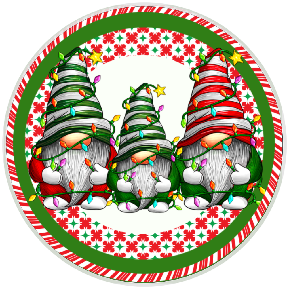 10” Christmas Gnome Tangled Lights Wreath Sign, Home Decor, Aluminum, The Ritzy Cactus