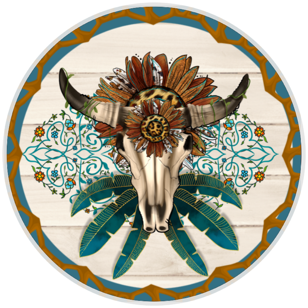 10” Western Cattle Skull Feather Wreath Sign, Home Decor, Aluminum, The Ritzy Cactus