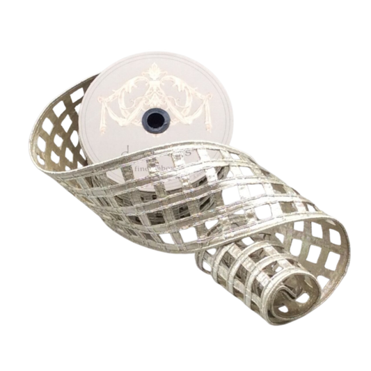 Metallic Platinum Dupion Clairvaux Window Pane Wired Ribbon by d. Stevens Ribbon – 4" x 10 Yards, Fine Ribbon, Craft Supplies, The Ritzy Cactus