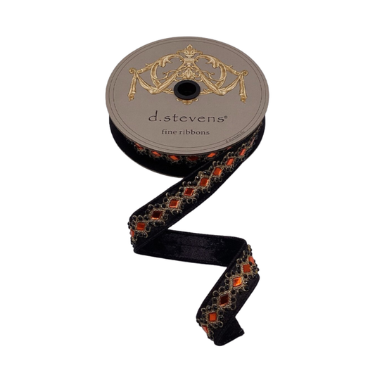 Metallic Dupion Orange Black  Jewels  Wired Ribbon by d. Stevens Ribbon – 1" x 5 Yards, Fine Ribbon, Wreath Supplies, The Ritzy Cactus