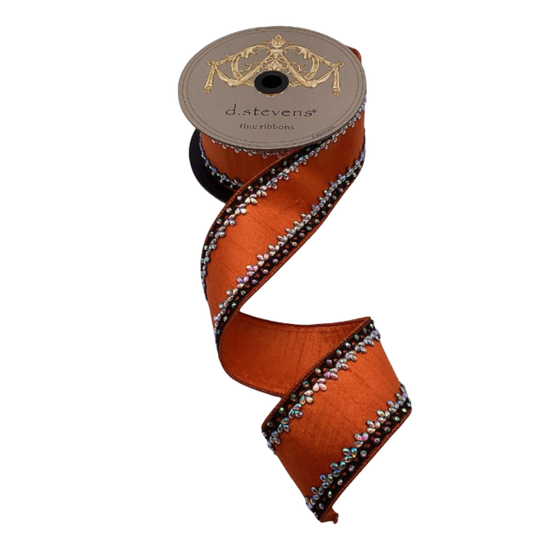 Metallic Dupion Iris Jewel Trim Orange & Black Wired Ribbon by d. Stevens Ribbon – 2.5" x 5 Yards, Fine Ribbon, Wreath Supplies, The Ritzy Cactus