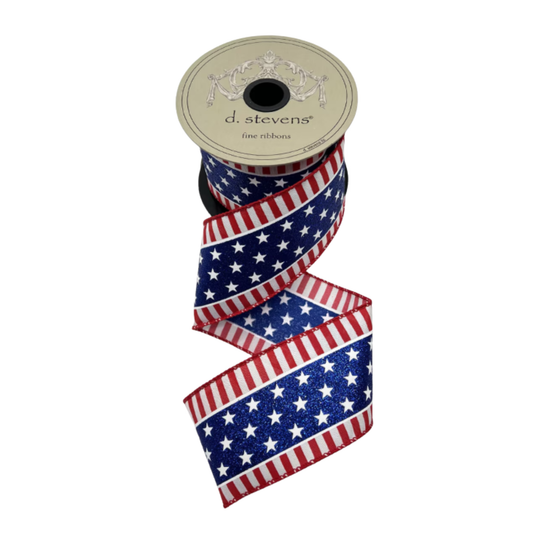 Patriotic Horizontal Stripe Glittered Back With Stars Wired Ribbon by d. Stevens Ribbon – 2.5" x 10 Yards, Wreath Ribbon, Craft Supplies, The Ritzy Cactus