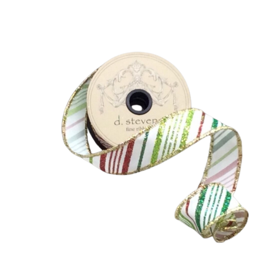 Satin Glitter Stripe Lime Red Emerald Wired Ribbon by d. Stevens Ribbon – 1.5" x 10 Yards, Fine Ribbon, Wreath Supplies, The Ritzy Cactus