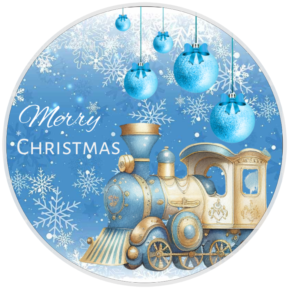 10” Blue Christmas Train Wreath Sign, Home Decor, Aluminum, The Ritzy Cactus