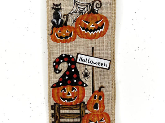 Halloween Burlap Ribbon with Jack-O’-Lanterns, Black Cats & Spiders – Rustic Ribbon – 2.5" x 10 Yards, Holiday Wreath Ribbon, Craft Supplies