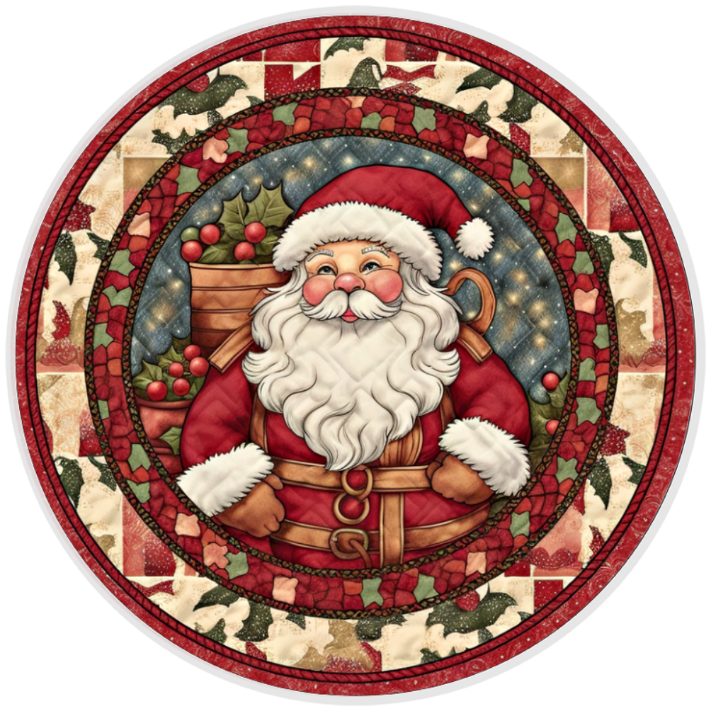 10” Santa Quilted Look Christmas, Metal  Wreath Sign, Home Decor, Aluminum, The Ritzy Cactus