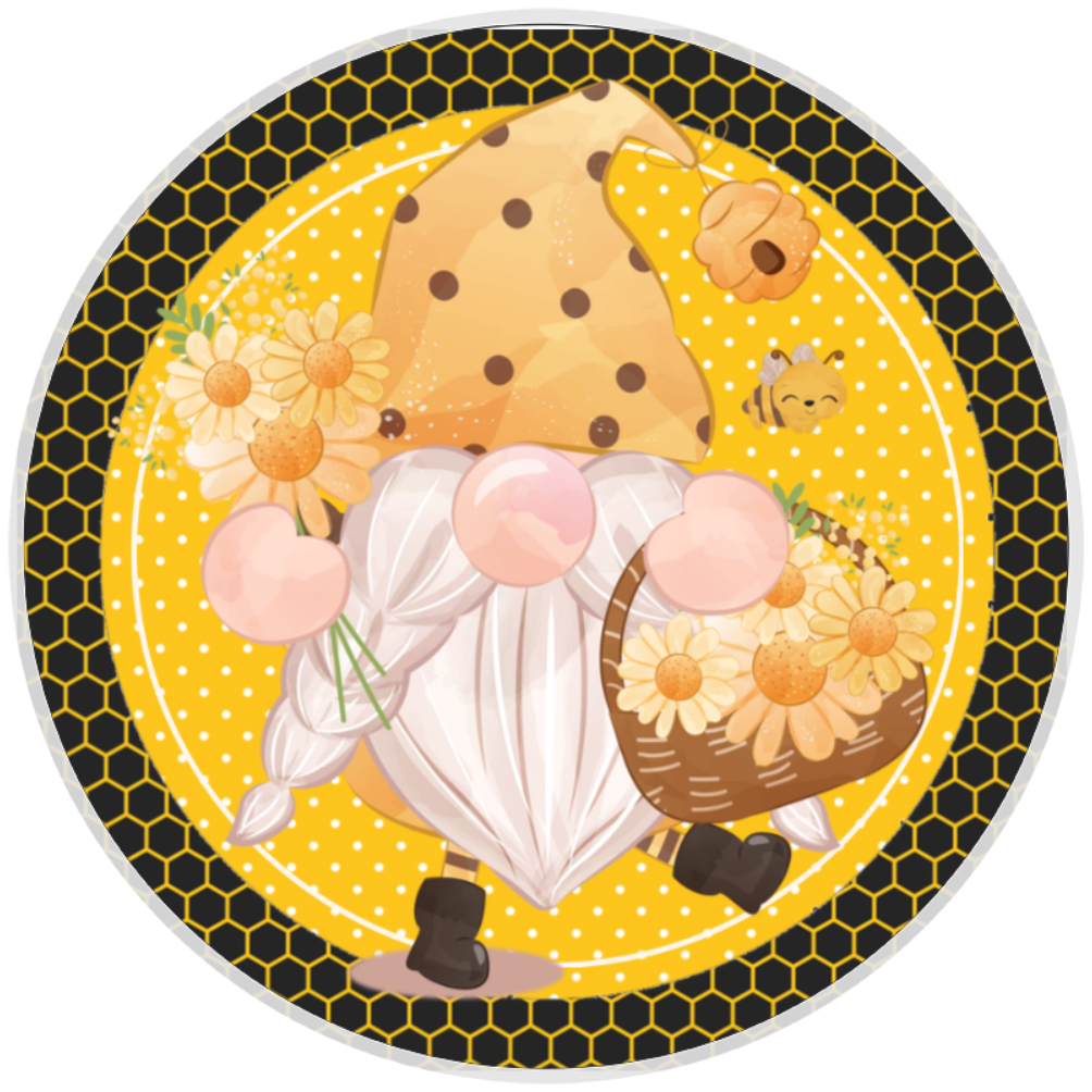 10” Honey Comb Gnome Bee Sign, Home Decor, Aluminum, The Ritzy Cactus