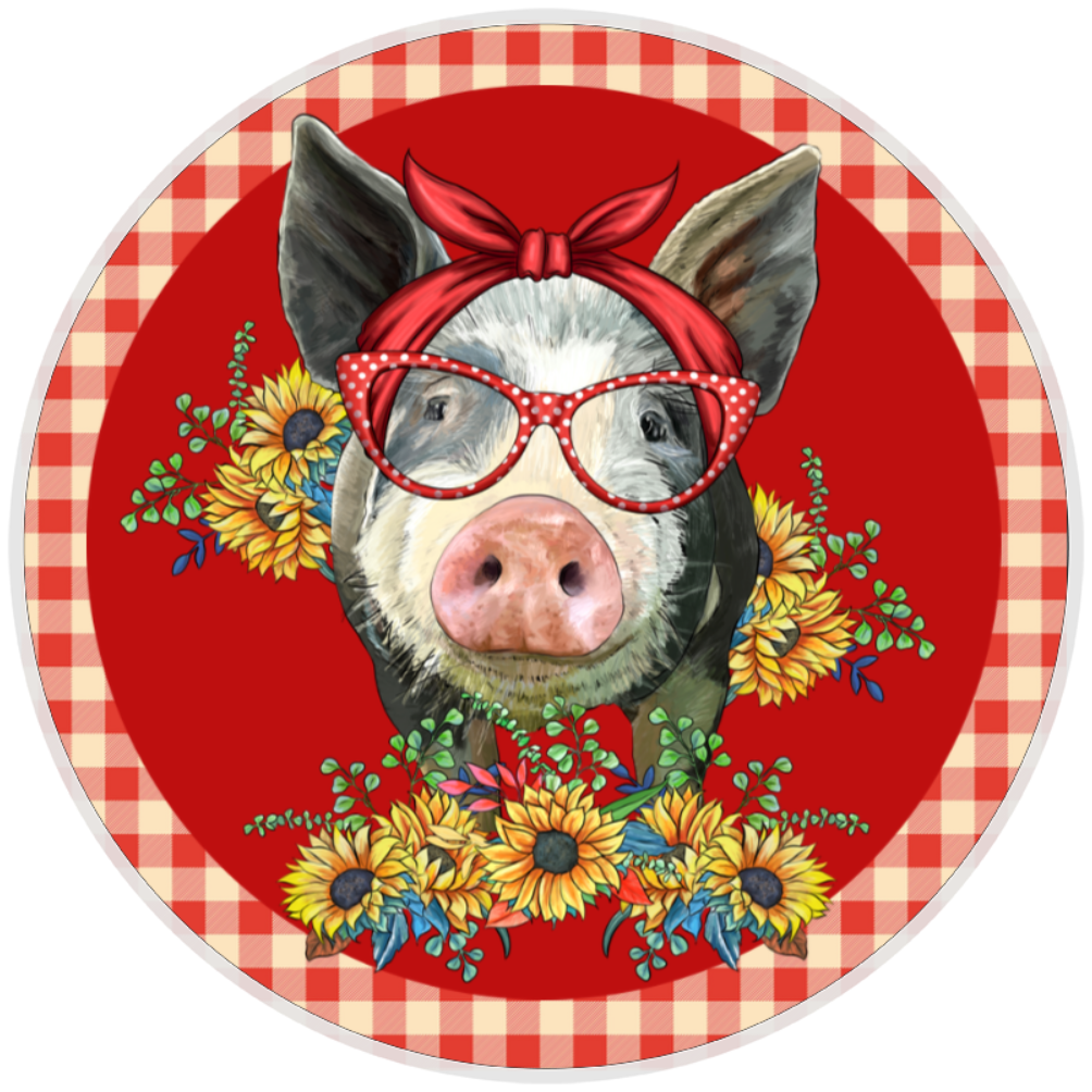 10” Country Pig Checkered Wreath Sign, Home Decor, Aluminum, The Ritzy Cactus