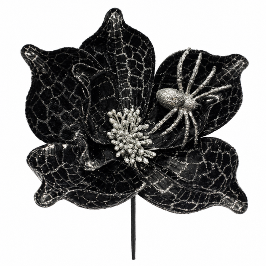25 Inch Black Silver Glitter Spider Magnolia Stem Halloween Wreath Embellishment