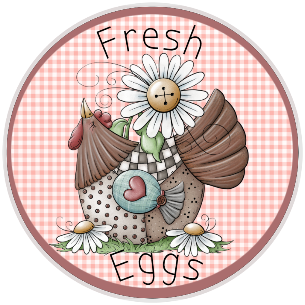 10” Fresh Eggs Gingham Chicken Wreath Sign, Home Decor, Aluminum, The Ritzy Cactus