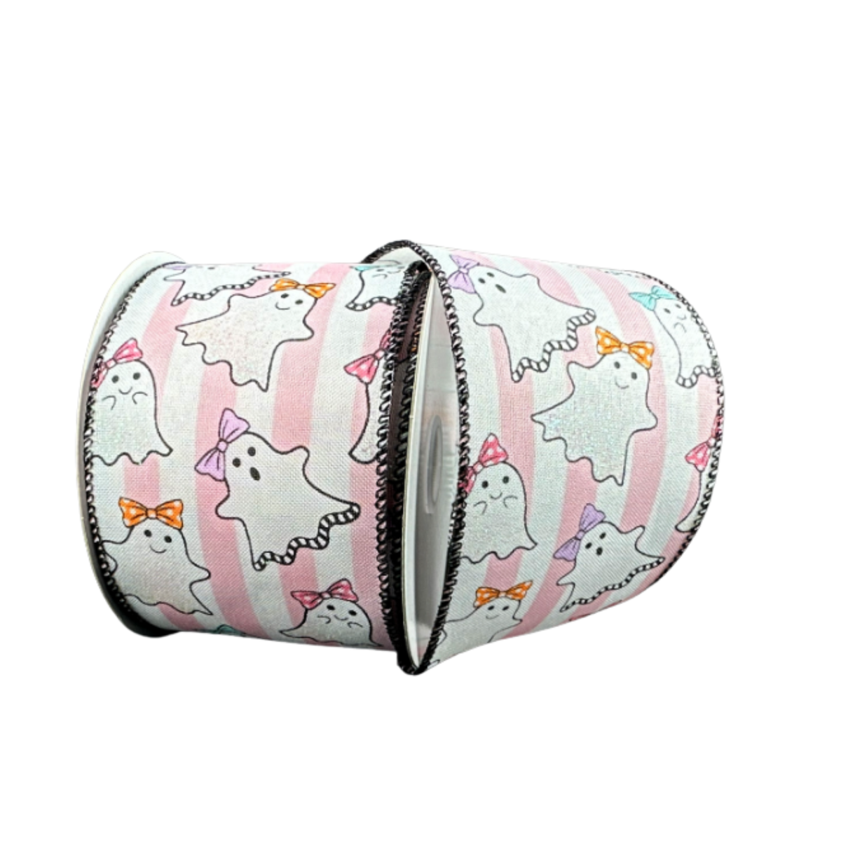 Pink Striped Cutie Bow Ghosts Wired Ribbon  – 2.5" x 10 Yards, Wreath Ribbon