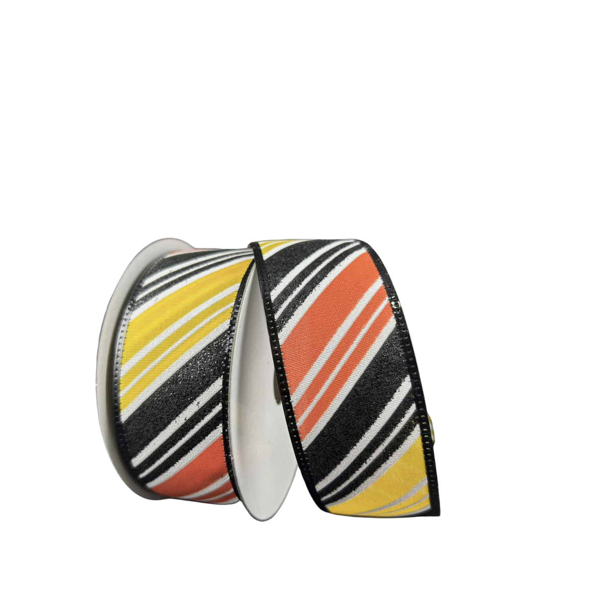 Yellow Orange Black Diagonal Stripe Wired Ribbon – 1.5" x 10 Yards, Wreath Ribbon