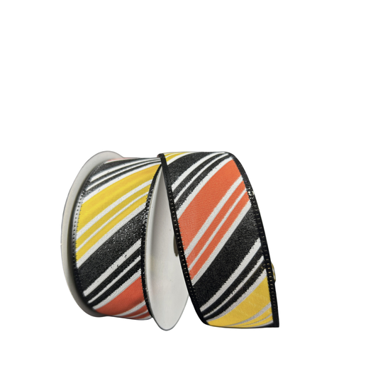 Yellow Orange Black Diagonal Stripe Wired Ribbon – 1.5" x 10 Yards, Wreath Ribbon