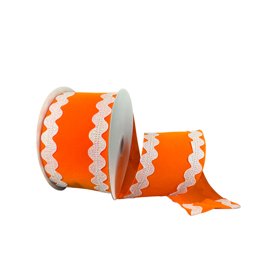 Orange Base White Ric Rac Wired Ribbon – 2.5" x 10 Yards, Wreath Ribbon