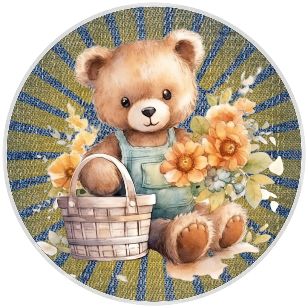 10” Denim Floral Teddy Bear Wreath Sign, Home Decor, Aluminum, The Ritzy Cactus