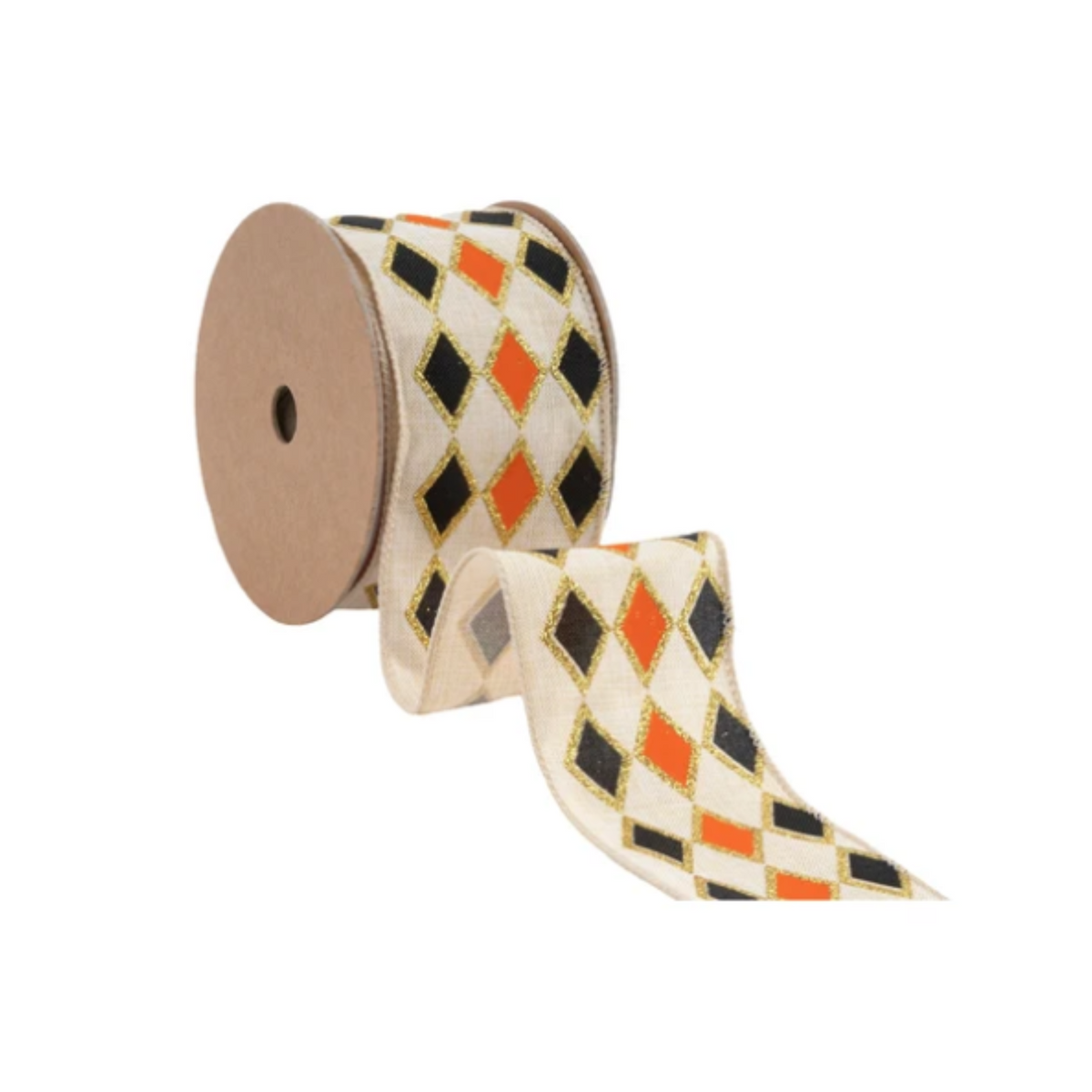 Black Orange Diamond with Glitter Edge on Ivory Wired Ribbon– 2.5" x 10 Yards,  Wreath Ribbon