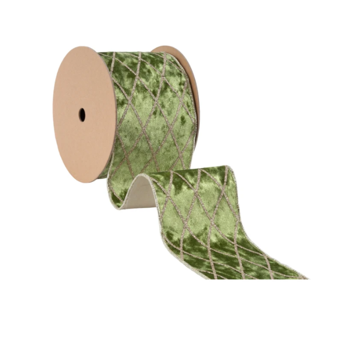 4" Wired Velvet Ribbon | Willow Green with Glittered Diamond | 10 Yard Roll