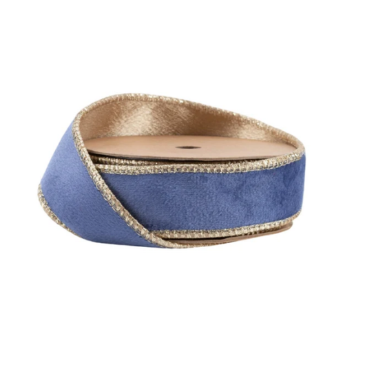 Reversible French Blue Gold Velvet Wired Ribbon – 1" x 10 Yards,  Wreath Ribbon