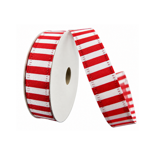 Red White Horizontal Stripe Wired Ribbon  – 7/8" x 10 yards