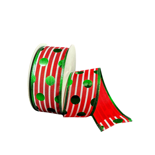 Red White Stripe W/Green Metallic  Dot Wired Ribbon by JAS – 1.5" x 10 Yards, Wreath Ribbon