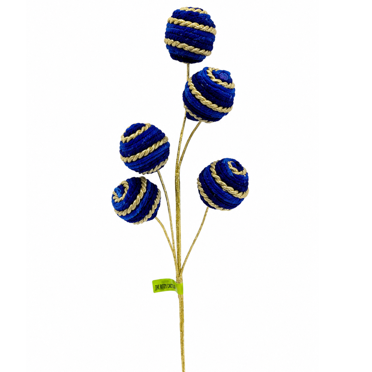 Striped Royal Blue Gold Braid Ball Spray 16"  Holiday Embellishment