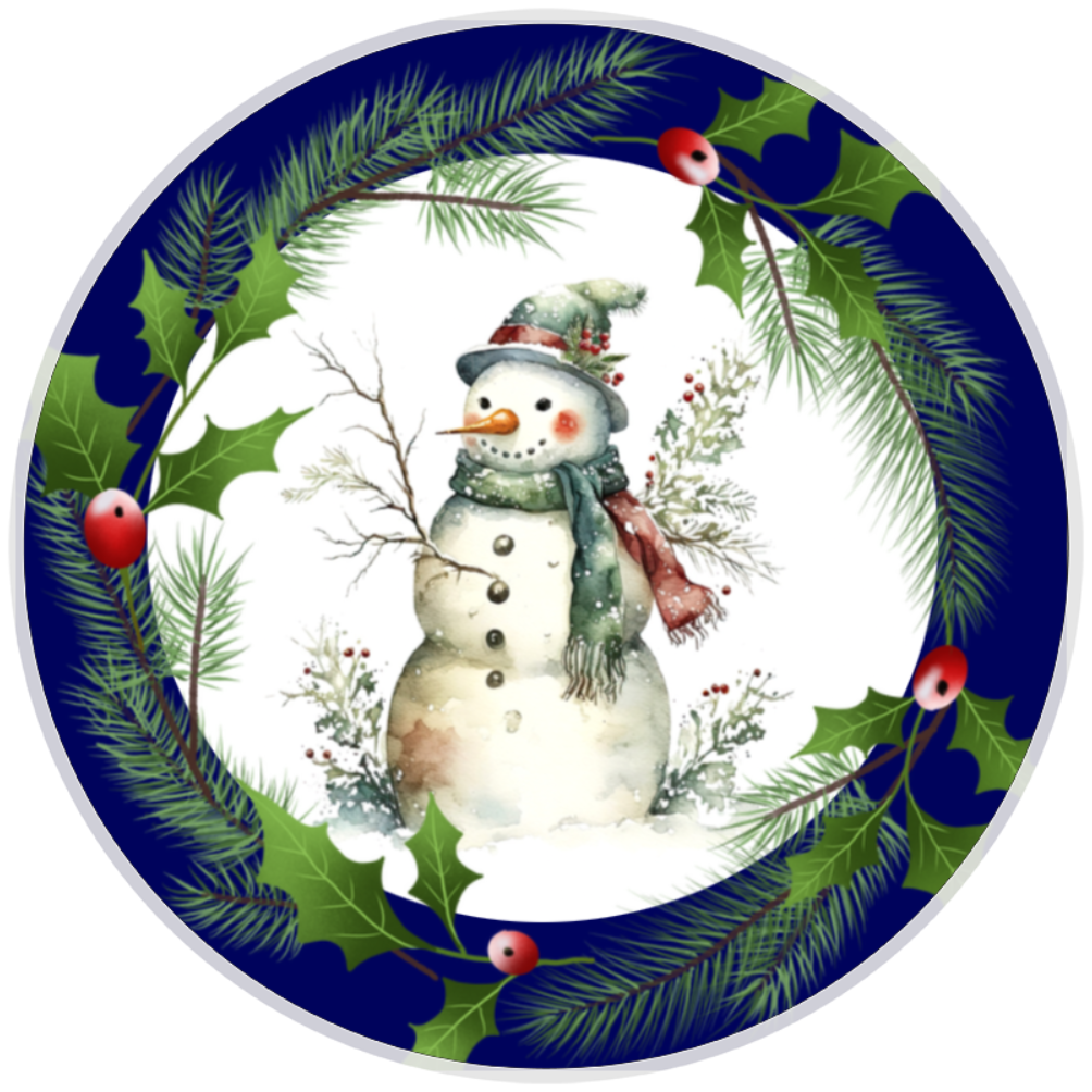 10”  Holly Winter Snowman Wreath Sign, Home Decor, Aluminum, The Ritzy Cactus