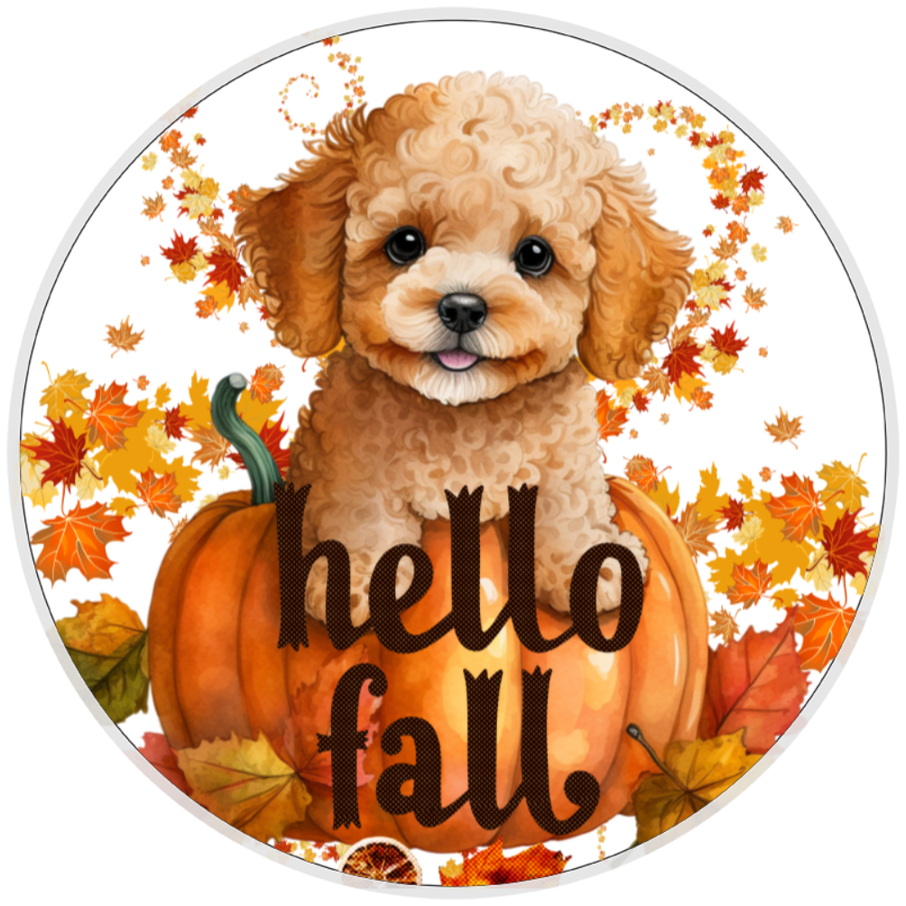 10” Hello Fall Dog Sign, Home Decor, Aluminum, The Ritzy Cactus