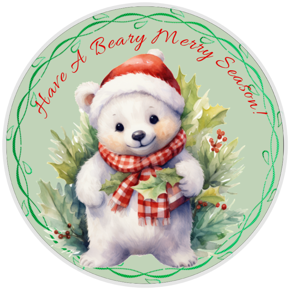10” Bear Merry Bear Christmas  Wreath Sign, Home Decor, Aluminum, The Ritzy Cactus
