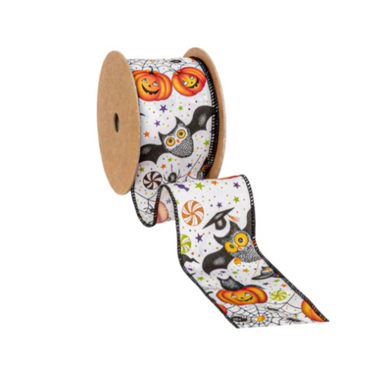 Halloween Friends on White Wired Ribbon – 2.5" x 10 Yards,  Wreath Ribbon